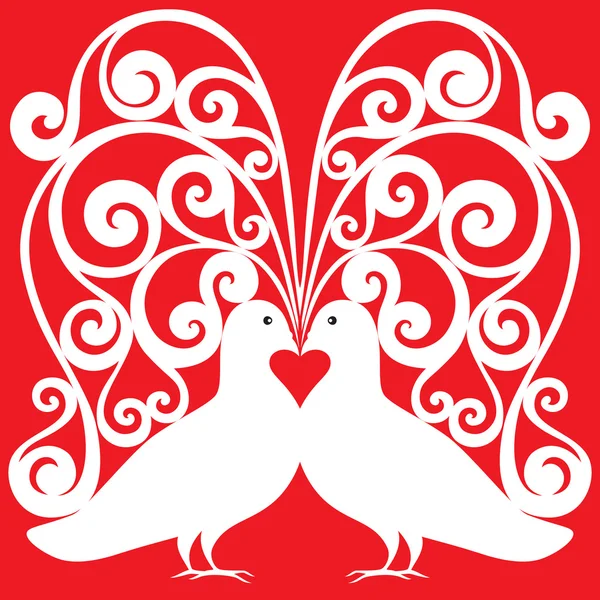 White kissing doves pair pattern with a heart symbol — Stock Vector