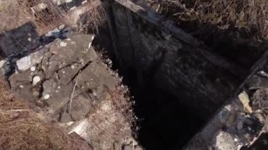 Ormandaki çökmüş bir taş evin üzerinde uçuyor.