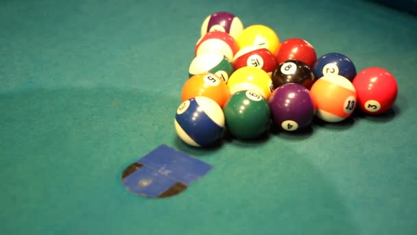 Start first hit of billiard balls, pool game — Stock Video