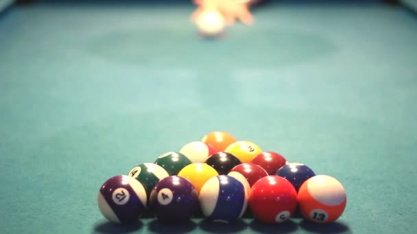 Start first hit of billiard balls, pool game — Stockvideo