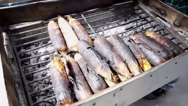 Milho fresco grelhado no mercado de rua em Bangkok — Vídeo de Stock