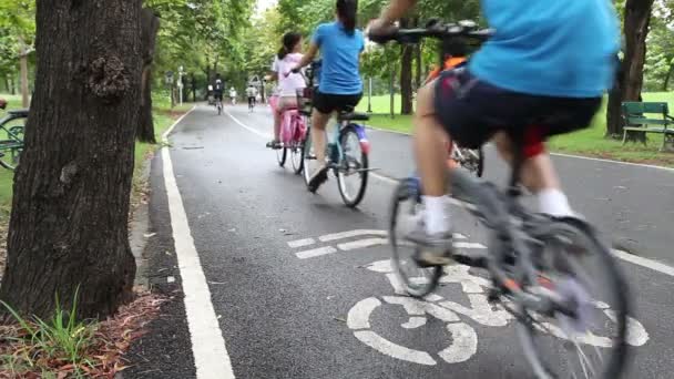 Люди ездят на велосипедах по утрам — стоковое видео