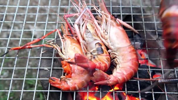 Läckra räkor på grill matlagning — Stockvideo