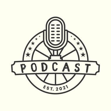 Podcast mic amblem çizgisi sanat logosu şablonu illüstrasyon vektör tasarımı