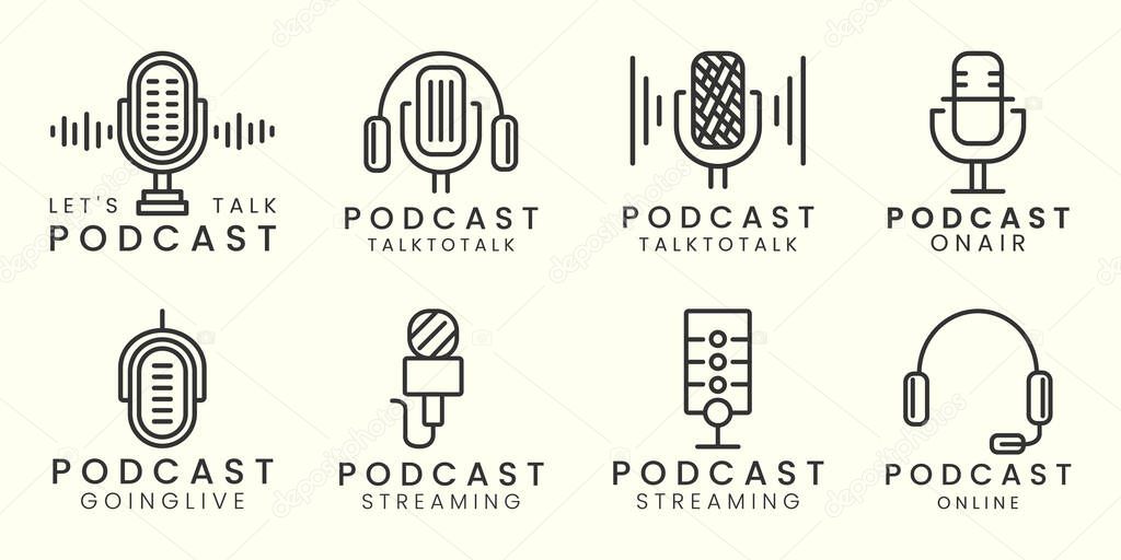 Podcast mic line art minimalist set logo icon template illustration vector design