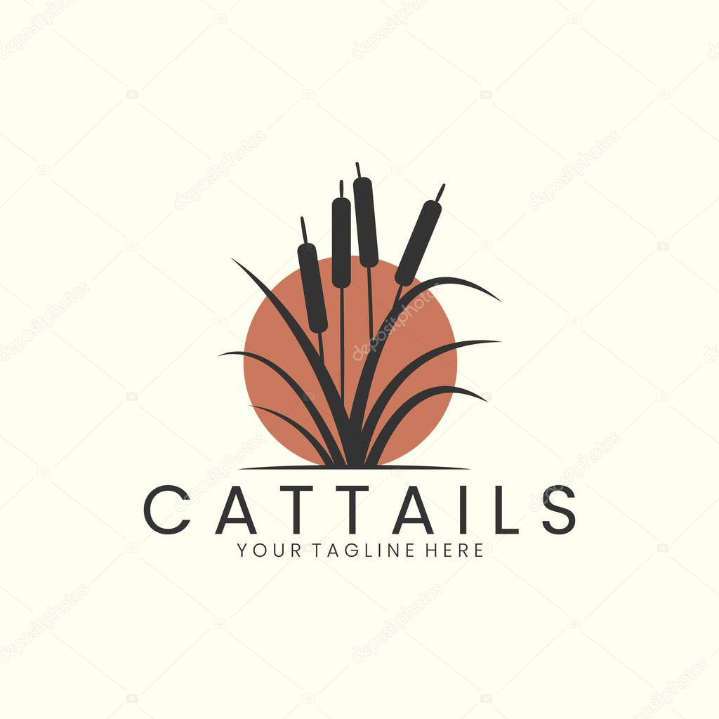 Cattails plant logo icon template design. nature ,sun, reed, grass, river with silhouette vector illustration