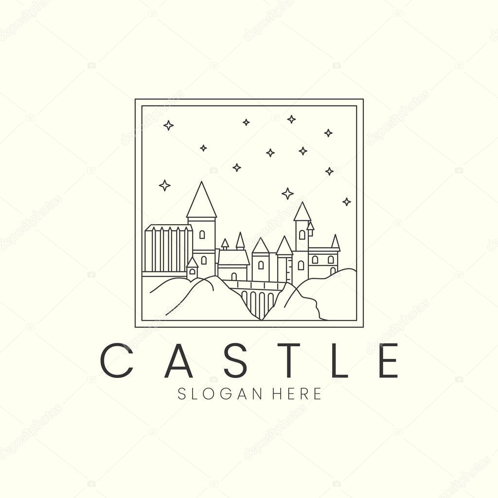 Castle with line and emblem style logo icon template design. dream, fantasy, world, star, moon vector illustration