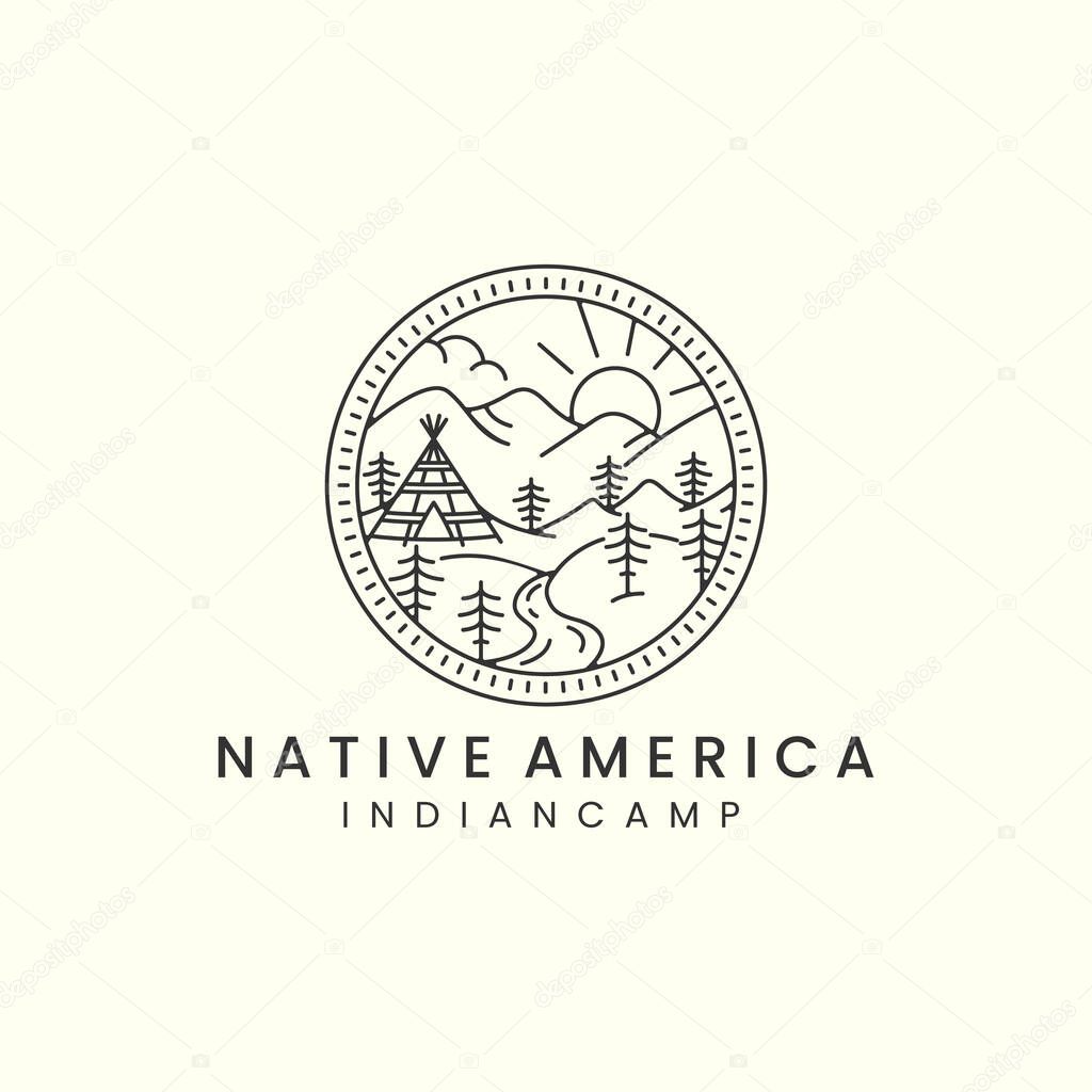 Indian camp and mountain with badge and line art style logo icon template design. teepees, native, america, sun, tree, vector illustration