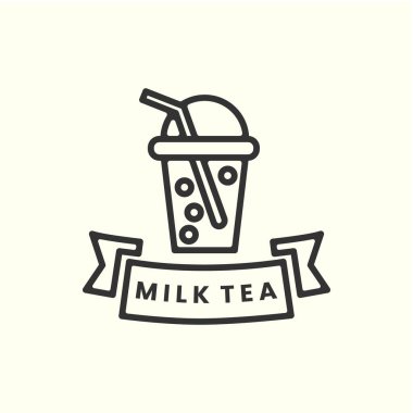 Çizgi sanatı tarzı logo şablonu tasarımlı sütlü çay. kabarcık, boba, buz, vektör illüstrasyonu