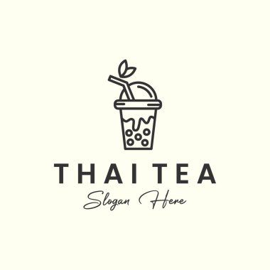 Çizgi sanatı tarzı logo şablonu tasarımlı Thai çayı. kabarcık, boba, süt, buz, vektör illüstrasyonu