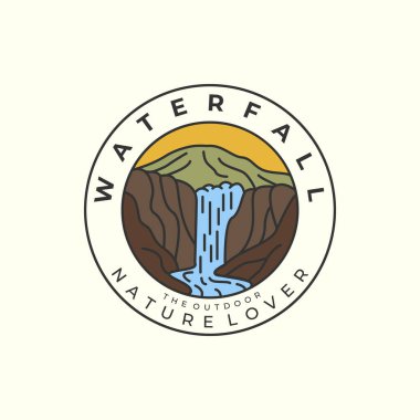 mountain and waterfall with vintage and emblem style logo icon template design. nature, outdoor, vector illustration clipart