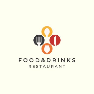 food and drink with flat color and emblem style logo icon template design. restaurant, bakery, spoon, fork, knife, glass vector illustration