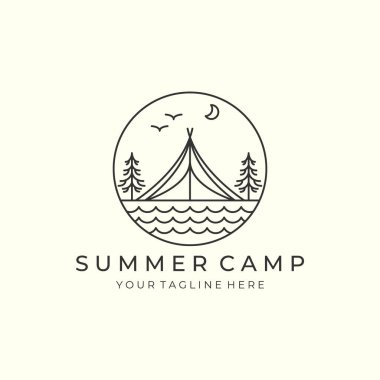 camp with linear and emblem style logo vector illustration. tent, adventure icon template design