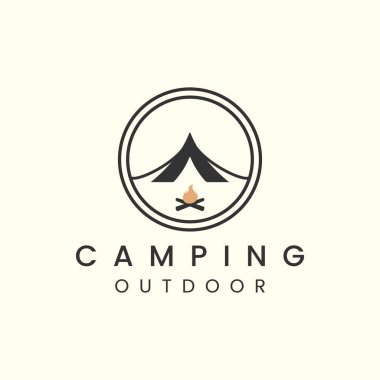 tent and bonfire with vintage and emblem style logo vector illustration icon template design
