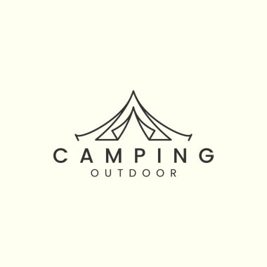 camping tent logo with linear vector illustration, summer camp, tree icon template design