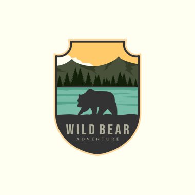 wild bear with vintage and emblem style logo vector icon design. mountain, tree, river template illustration