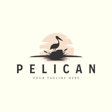 Güneş ve kuyruk kuyruklu pelikan vektör logosu vintage şablon çizimi tasarımı