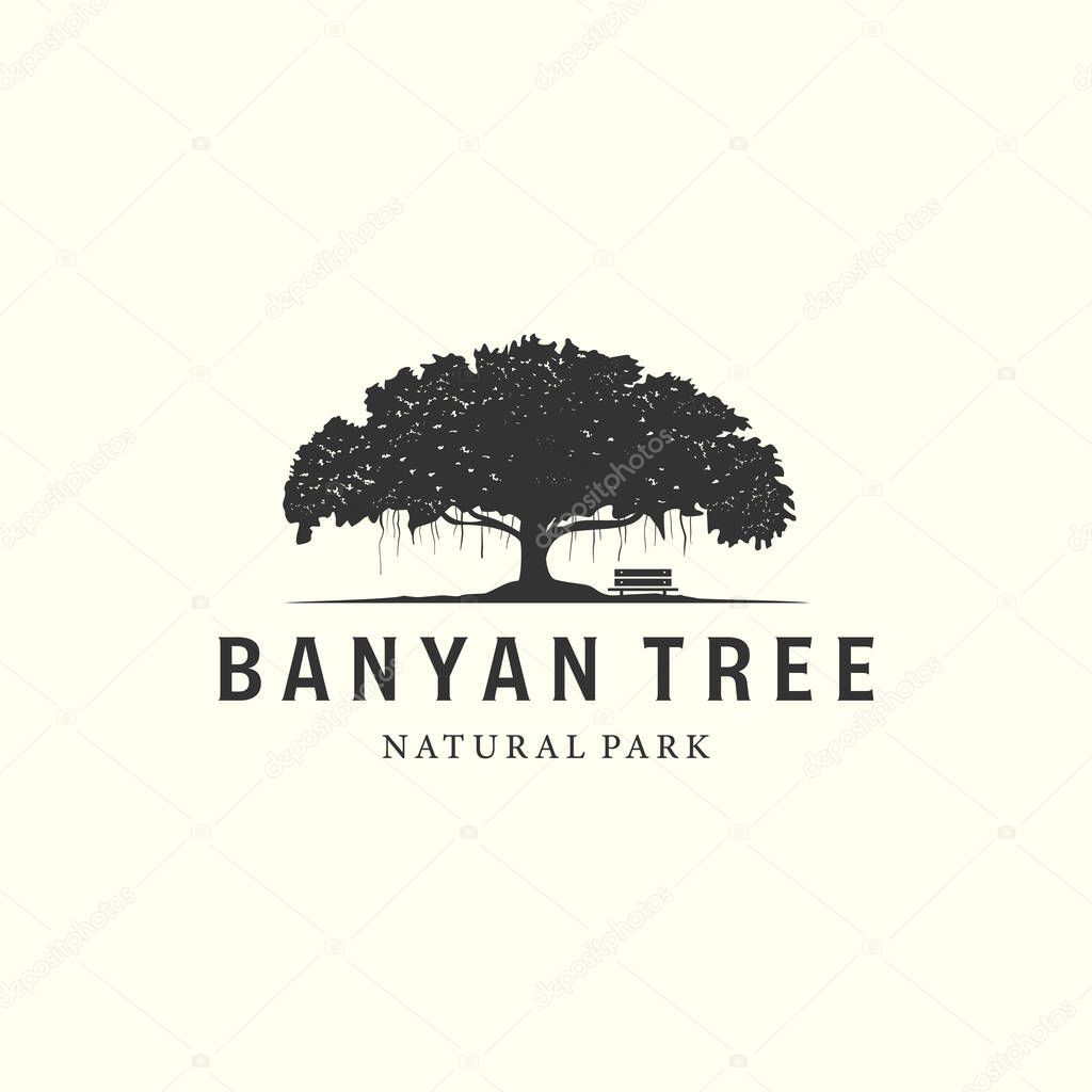Vector of banyan tree with vintage style logo design illustration, oak tree icon design