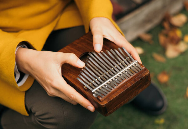 играя на музыкальном инструменте Калимба или Мбира осенью на террасе.