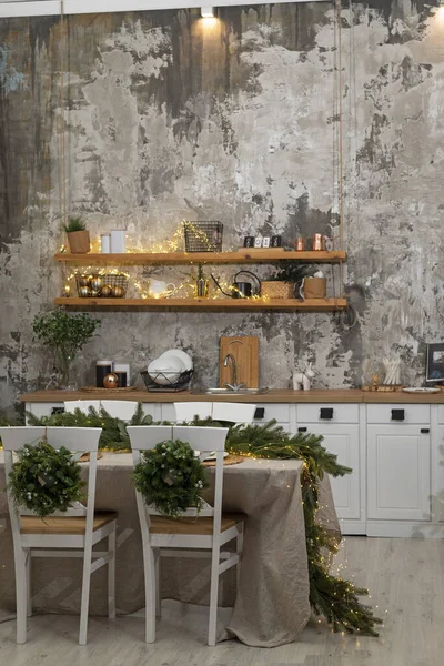 Feliz Navidad Interior Está Decorado Con Una Cocina Con Decoración — Foto de Stock