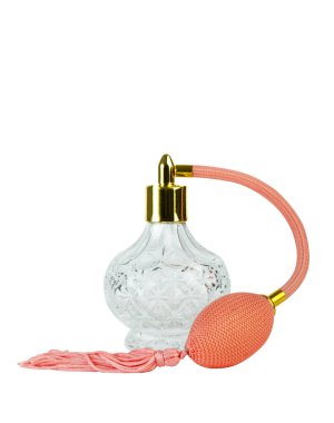 Şişedeki parfüm ezicisi beyaz arka planda izole edilmiş. Yüksek kalite fotoğraf