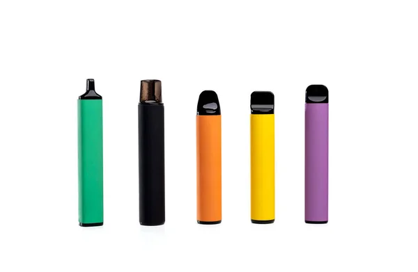 Conjunto Coloridos Cigarrillos Electrónicos Desechables Diferentes Formas Sobre Fondo Blanco —  Fotos de Stock