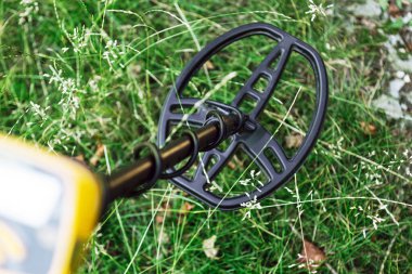 Metal dedektörü yeşil çimlerin üzerinde geziniyor..