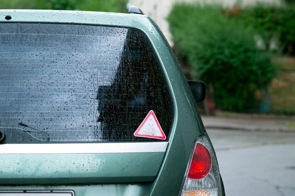 Back Window Green Car Parked Street Rainy Day Rear View —  Fotos de Stock