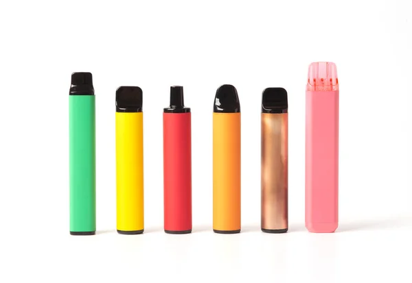 Set Colorful Disposable Electronic Cigarettes Different Shapes White Background Modern —  Fotos de Stock