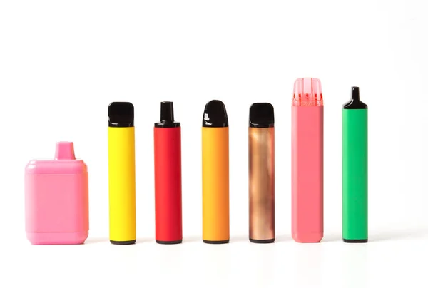Set Colorful Disposable Electronic Cigarettes Different Shapes White Background Modern — Foto de Stock