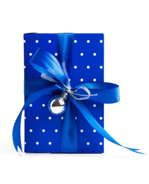 Blue Gift Box With blue Ribbon and toy on white Background. Christmas present box . High quality photo