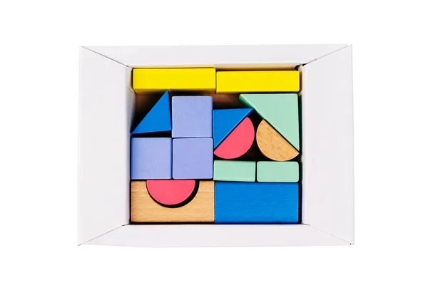 Coloured Wooden Figures Box White Background Childrens Building Blocks Geometric — Stock Photo, Image
