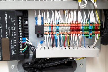 Çok renkli kabloları olan elektrik paneli. Devre kesicili voltaj dağıtıcısı. Yeni otomatik elektrik güç kaynağı ve dağıtım sistemi. Yüksek voltajlı ekipmanlı elektrik kutuları.
