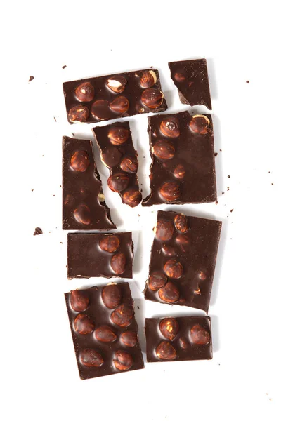 Broken Chocolate Bar Nuts Isolated White Top View — Stock Photo, Image