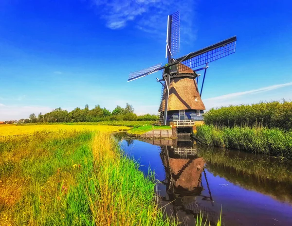 Lenyűgöző Kép Egy Hagyományos Holland Szélmalomról Egy Gyönyörű Tájon — Stock Fotó