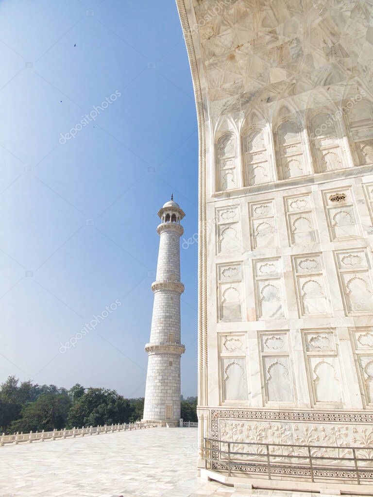 A view of the minaret of the Taj Mahal, Agra, India