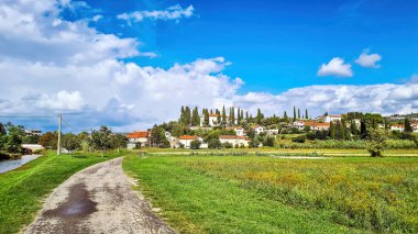 Slovenya, Avrupa 'daki Secovlje Salina doğal parkı. Arka planda yeşil Akdeniz tepeleri.