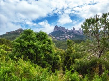 Montserrat Boğazı 'nın panoramik manzarası. Monestir Santa Maria de Montserrat