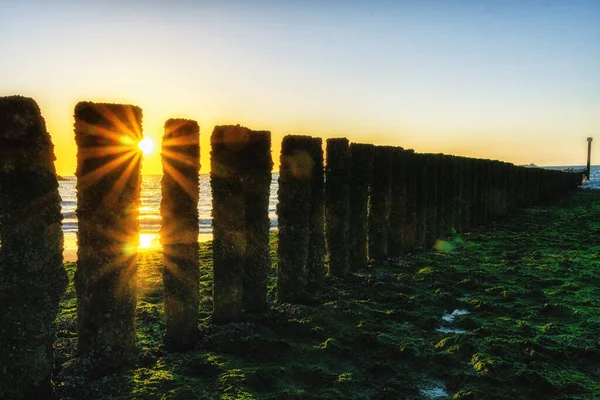 Vlnolamy Pláži Zeelandu Při Západu Slunce — Stock fotografie