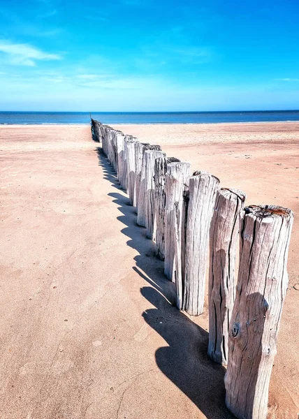 Pláž Dřevěnými Vlnolamy Krajině — Stock fotografie