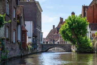 Bruges 'de su kanallı manzara, Kuzeyin Venedik' i, Flanders, Belçika şehir manzarası