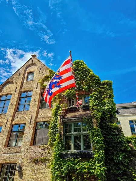 Historic Houses City Flag Bruges Belgium — 스톡 사진