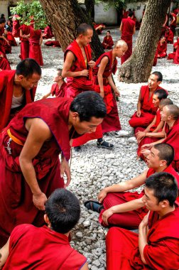 lhasa, Tibet - August 31 2007: Tibetan buddhist Monks dressed in traditional 