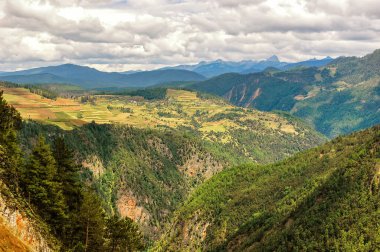Yulong Kar Dağı 'nın arkasındaki dağ yamacında yüksek bir yürüyüş, Çin' deki Atlayan Kaplan Geçidi Yunnan 'da.