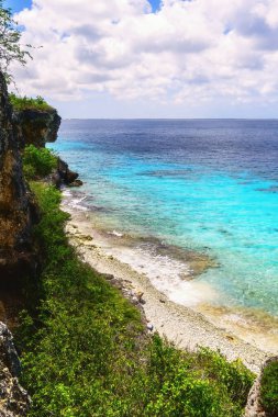 Karayipler 'in Bonaire Adası' ndaki güzel sahil, adadaki güzel şnorkel ve dalış alanı. Deniz kıyısındaki kumun tadını çıkar.