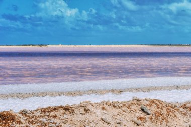 Pembe tuz gölü ve Bonaire adasında tuz dağları olan manzara.