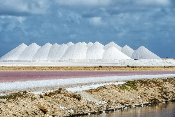 Salt flats in Bonaire (netherlands antilles). Salt pyramids and highly salinated red water.