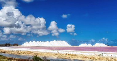 Karayiplerdeki Bonaire 'nin pembe göllerinde Saltpans (Zoutpannen) tuz yığınları