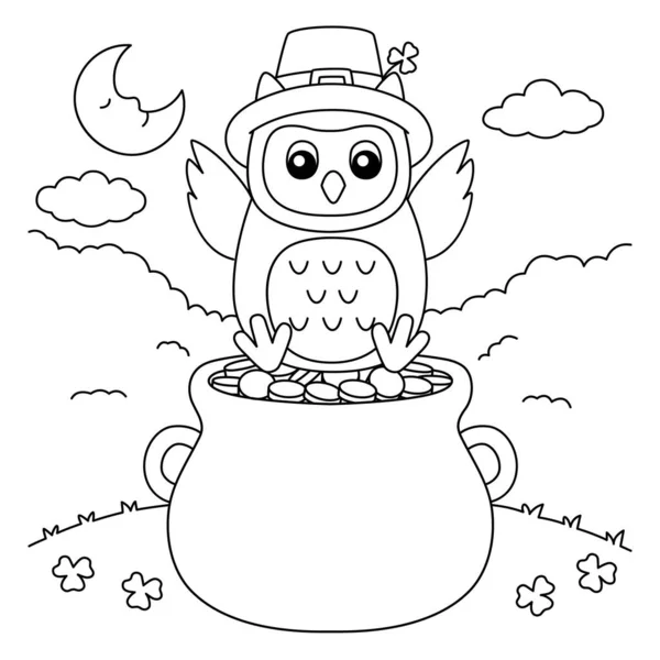 St. Patricks Day Owl Coloring Page for Kids — Vetor de Stock