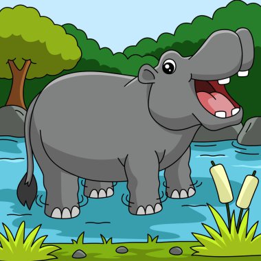 Hippo Çizgi Film Vektörü Renkli Çizim